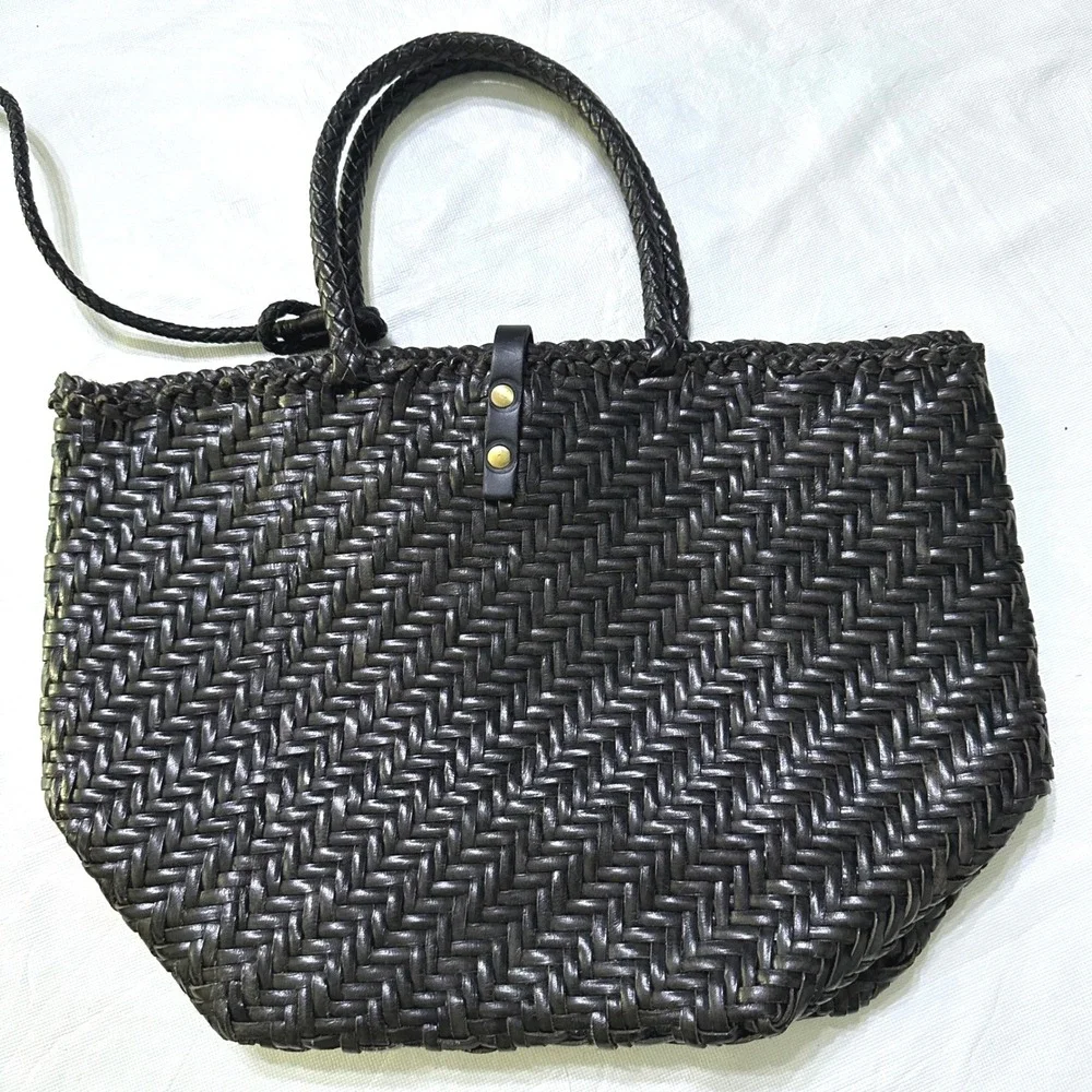 Handcrafted Woven Leather Tote Bag Dark Brown Braided Handles Market Basket Boho